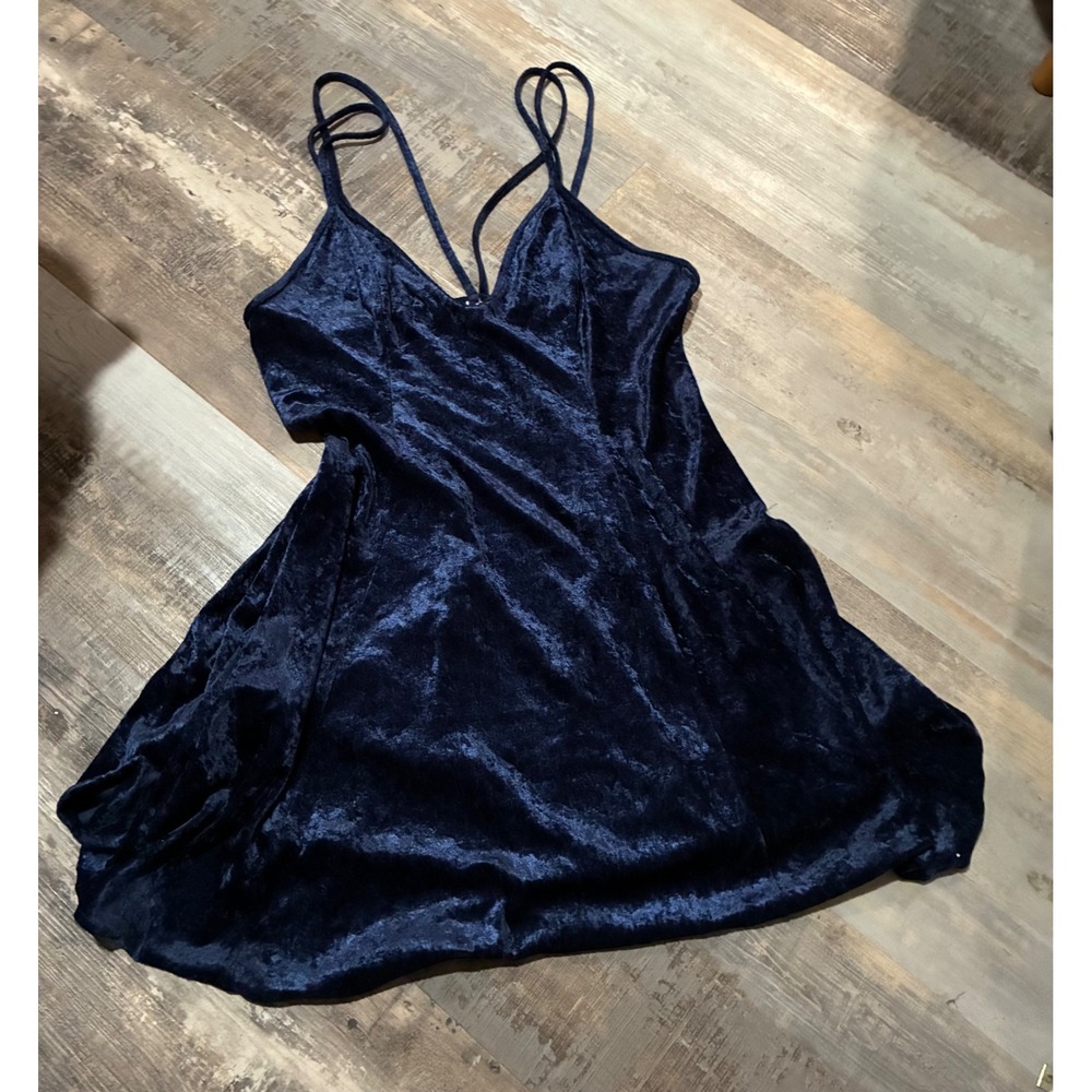 Petra Fashions Navy Blue Crushed Velvet Mini Dress Double Strap V-Neck Large